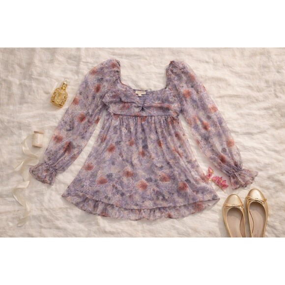 Floral Babydoll Mini Dress Sheer Romantic Fairycore Cottagecore Boho Festival - Picture 2 of 6